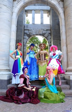 cosplayblog:  Fresh cosplay! (Top row)Rainbow Dash, Twilight Sparkle, Applejack, Pinkie Pie and (Second row) Rarity and Fluttershy from My Little Pony: Friendship is Magic  Cosplayers: Brennan West (Rainbow Dash), Rose of May [deviantArt | Cosplay.com]