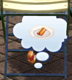 simsgonewrong:  he dreams of being on a plate again. someday hot dog, someday. 
