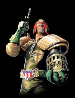 sirdeepcookie:  Live action brings u : Judge Dredd     Dredd must be pals with Duke Nukem. They&rsquo;re 2 sides of the same coin.