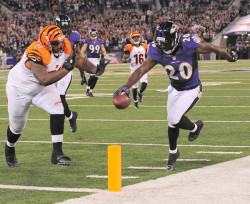 the-football-chick:  9-10-2012 — In the first game of a Monday Night Football doubleheader, Baltimore Ravens safety Ed Reed returns an interception for a touchdown in the Raven’s 44-13 win over the Cincinnati Bengals. Source    We smashed the Bungles.