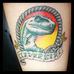 fuckyeahtattoos:  Just because I love Jurassic Park!  Right thigh, done by James at New Addiction in Kalamazoo, MI 