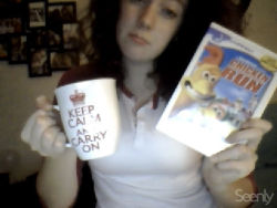 this is what my night consists of  hot cocoa from my mug that my mom got me watching &ldquo;chicken run&rdquo; in my underwear, one of my favorite childhood movies that i found in the cabinet and my complaining dog thats sitting behind me and whining