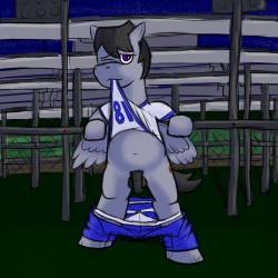 Behind the bleachers at night. Number three of the jock-pony-pin-up-project, Score, who&rsquo;s been asked to meet behind the bleachers after the game.  Tried the overlay method to get colored shading this time since it&rsquo;s like a night picture or