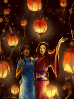 willynillylily:  “Festivities”, day 6 of Korrasami Week.   korra and asami wear a qipao and yukata respectively to a lantern festival.   