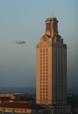 jtotheizzoe:  Good morning Austin. My town got a heckuva fly-by this morning as the shuttle Endeavour made its way to California to be put on display. What Starts Here, Changes the Galaxy. (This awesome shot was taken byÂ @LaraEakins!)  The end of an