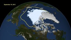 politics-war:  Arctic ice shrinks to all-time low; half 1980 size  This image made available by NASA shows the amount of summer sea ice in the Arctic on Sunday, Sept. 16, 2012, at center in white, and the 1979 to 2000 average extent for the day shown,
