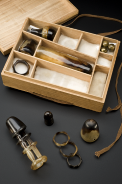 zygoma:  Collection of sexual aids in a wooden box, Japan, 1930-1939 Four penis sheaths, four penis rings, one finger sheath (all made from tortoiseshell) with three brass bells and one wooden dildo are inside this box. Dildos are objects shaped like
