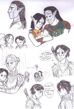 i finally got to scan this yey ;u; these are just more doodles I added onto the page with merrill&rsquo;s parents those little people near the top left are tamlen, f!mahariel, and merrill as kiddies heheh