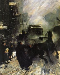 the-paintrist:artmastered:  George Bellows, Steaming Streets, 1908  Bellows first achieved notice in 1908, when he and other pupils of Henri organized an exhibition of mostly urban studies. While many critics considered these to be crudely painted, others
