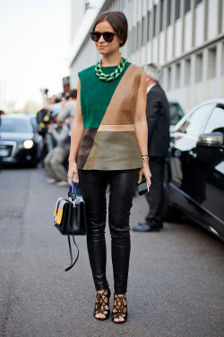 ivsmanifiesto:  Miroslava Duma keeps leather leggings September-ready with strappy sandals and a color-blocked shell. 