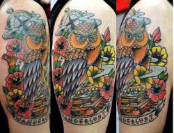 fuckyeahtattoos:  Wanderlust Owl Tattoo by Joya at Hamsa Tattoo in Bogota, Colombia