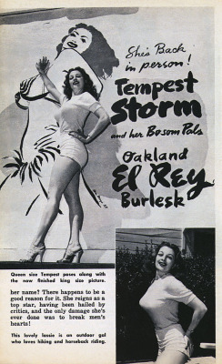 Tempest Storm poses next to a large poster painted by artist: William Mayo; advertising her appearance at Oakland&rsquo;s &lsquo;EL REY Theatre&rsquo;.. Scanned from an article appearing in the March ‘56 issue of ‘VUE’;  a popular 50&rsquo;s-era