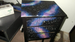 countess-bathory:  I’m almost done revamping my side table. It was just plain white. I just didn’t care for it that way, so I decided that I wanted to paint a galaxy design on it. c: I still have to add knobs on it, I was thinking making blue jeweled