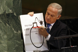 israelfacts:   Israeli Prime Minister Benjamin Netanyahu draws a red line on an illustration claiming to describe Iran’s ability to create a nuclear weapon as he addresses the 67th United Nations General Assembly at the U.N. Headquarters in New York,