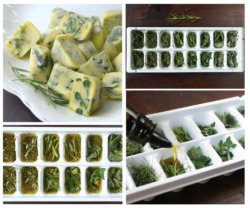 momochanners:  ramshackleglam:  Love this idea, mostly because fresh herbs are crazy expensive and I never use them all up before they go bad: chop up your herbs and stick them into an ice cube tray, then cover with olive oil and freeze. Toss a cube