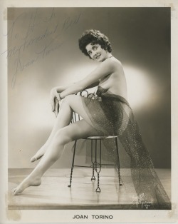 burlyqnell:   Joan Torino Vintage 50&rsquo;s-era photo, personalized to Burly-Q autograph collector: Hirsh Cohen..  After retiring from burlesque, Joan moved to Hoboken, New Jersey. She opened a bar called &ldquo;Redheads&rdquo;, decorated using a Burlesq