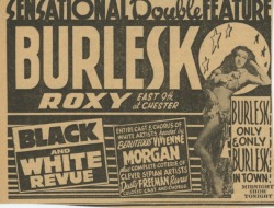 burlyqnell:   Vivienne Morgan Vintage 50&rsquo;s-era newspaper promo ad for her appearance at the &lsquo;ROXY Theatre&rsquo; in Cleveland, Ohio.. Plus, a &ldquo;Complete Coterie of Clever Sepian Artists!..&rdquo;