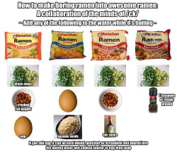 trillgamesh:  frankensokka:  ireallyhatecornnuts:  schim:  chinad011:  pineapplebananacurry:  cookingformorons:  greencarnations:  How to make your ramen 9001x better, courtesy of /ck/  And you can buy roast beef and roast chicken on the internet. I am