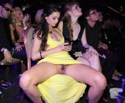 The mystery of the carelessly exposed pussy. What kind of gathering is this? The pantyless girl keeping her legs spread so casually, carelessly exposing her pussy while reading a message on her cell phone&hellip; But why should she bother? The girl is