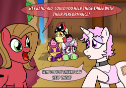 askpun:  Band-Aid is another Ponyville resident who has… certain peculiarities of the “Not Safe For Work” variety, but if you’re feeling adventurous you can peer into her life over at Sparkles In Twilight (NSFW). Artwork by AniRichieScript #192