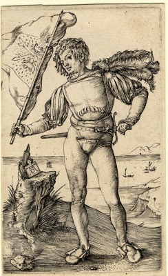 bartleby-company:  Print made by Albrecht Dürer  1502A standard bearer, standing and holding a banner with the Cross of St Andrew.Engraving 