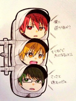 fuwacchi:  boy-a:  Lol.   Akashi: Are you going to oppose me?Kise: It’s going to become red soon!!Midorima: Immediately go.   by かめろん