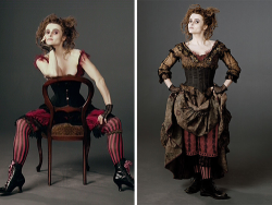 sockdreams:  Helena Bonham-Carter is stylish and slick as the murderous Mrs Lovett in Tim Burton’s rendition ofSweeny Todd. Her look is dark and slightly tattered, with frayed edges on her chemise and the damask on her skirt faded and worn. Her vertically