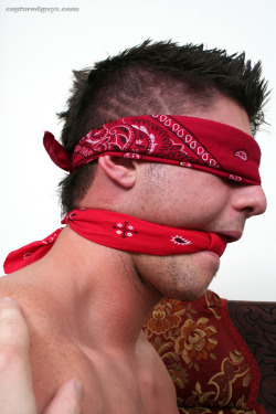 gaggedramdog:  Alejandro blindfolded and gagged tightly with red bandanas! From CAPTUREDGUYS.COM