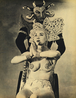 burleskateer: Gene Gemay (and her Genie) appears in a pictorial scanned from the July ‘53 issue of ‘GALA’ magazine.. Her strip routine was themed around the “Arabian Nights” mythology.. Dancing in a harem outfit &amp; rubbing a large Aladdin’s