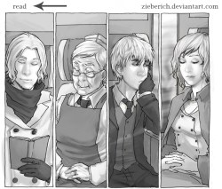 qualityhetalia:  Zieberich’s APH: Slap featuring fem!France and old!fem!England In a train carriage were an Englishman, a Frenchman, a spectacular looking blonde and a frightfully awful looking fat lady. After several minutes of the trip the train