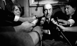 fuckyeahlatinamericanhistory:   Pablo Neruda, poet and Chilean ambassador to France, talks with journalists after learning he has won the 1971 Nobel Prize for Literature. Photograph: Laurent Rebours/AP. (October 21, 1971)  