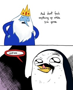During the Reign of the Gunthers, Ice King&rsquo;s poor choice of words dooms more than Ooo&rsquo;s bottles. Done by an anonymous DrawFriend