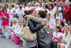  The Kiss, today (23/10/2012) in Marseille, France.  Two young women kissed in front of anti same sex marriage/adoption protesters. 