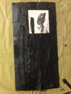 finalworship:  new painting; “for your masturbation”. on cardboard, rosemary mashed with black paint, leather strips and collage. asp 