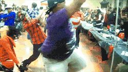 poetsdream:   Look at this gif. The guy in the purple does a full damn pirouette. Then you got the girl in the orange next to him doing the Willow Smith hair whip. Then the guy in the orange behind her bucking out. And the girl in the blue being