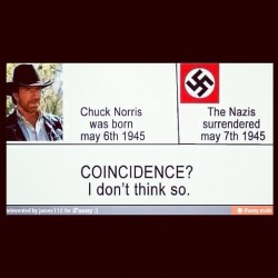 tycooncity:  Chuck Norris nació el 6 de Mayo de 1945. Los Nazis se rindieron el 7 de Mayo de 1945. ¿Coincidencia? No lo creo.