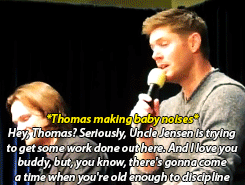 ssjdebusk:  homoosesexual:     [x]      this entire gif set makes me want to vomit from the sheer cuteness. Doesn’t Wes call him Uncle Jensen too. Actually can’t. 