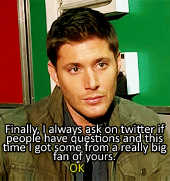 demondetoxmanual:  moved-mykingackles: Jensen answering questions from his biggest fan, Danneel.  I will forever reblog this… just look at him. First he’s all like: “Yeah, alright ‘biggest fan’ uh-huh, whatever, just shoot.” Then in the 2nd