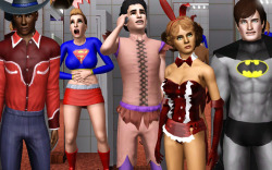 fandom-sims:  Happy Halloween from the Simfits! Curtis is pretty much too cool for Halloween. Like Barney Stinson, he “dresses up” in costumes that aren’t too humiliating and designed to get him laid, aka the sexy cowboy. Kelly and Nathan both went