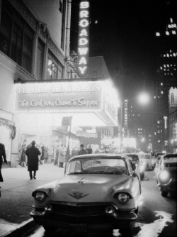theniftyfifties:  Broadway at night, New York City, 1950s. 