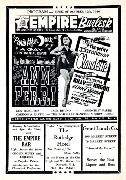 An October &lsquo;56 program ad for the ‘EMPIRE Burlesk Theatre’, featuring: Ann Perri, Claudette, and “Burlesk&rsquo;s No. 1 Funster”.. Billy &ldquo;chees'n crackers&rdquo; Hagan!