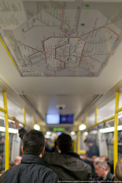 transitmaps:  Map on the Ceiling, Berlin Well, I guess this is one solution to the problem of having to look awkwardly over the shoulder of people sitting in front of the map on the train… (Source: varlamov/Flickr) 