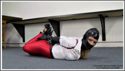 elizabethandrews:  Picture I took from my last shoot with @CarissaBound - leather gwen hood, armbinder, discojeans - #bondage   Nice, strict hogtie.