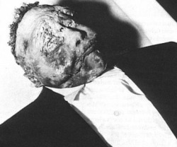 ramirezbundydahmer:  1955 photograph of the mutilated body of 14 year-old Emmett Till, published in JET Magazine Young Emmett was visiting family in a small town in Mississippi, and as he was leaving a store he spoke to the woman behind the counter, the