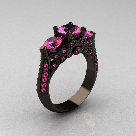 Black diamond wedding ring with pink