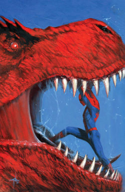 awyeahcomics:  Spider-Man by Gabriele Dell’Otto  Sure, Spidey. You can take on a dinosaur. Anything you say.
