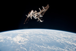 for-all-mankind:  Another one of my favourite space images - the ISS high above the Earth, as seen from a Soyuz on the final Space Shuttle Mission. [Edit, I don;t know how I got the two craft mixed up. Must be one of those days.] 