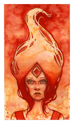kellymckernan:  My version of Flame Princess from one of my favorite shows ever, “Adventure Time.” She’s 4.5” x 7.5” and painted with watercolor. She’ll be available in my shop for Cyber Monday at 12:00 am EST.  I’ve also painted Marceline