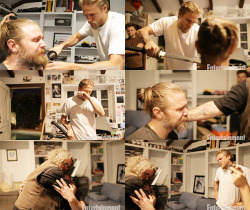 godtricksterloki:  brilliantinemortality: ‘Sons of Anarchy’ stars Charlie Hunnam and Mark Boone Jr. help Ryan Hurst say goodbye to his character, Opie Winston, by cutting his beard off and crying like gents. Read the article and watch the video here.