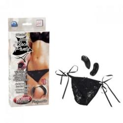 Little Black Panty The vibrating Little Black Panty features a feminine and fun lace thong with tie sides which makes sizing a breeze. Remote control works from over 19 feet away and the vibration device is curved and waterproof for discreet fun. Complete
